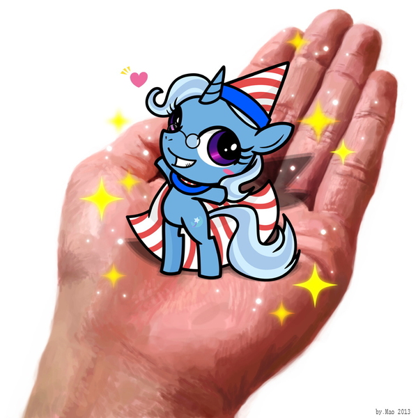 Size: 980x980 | Tagged: safe, artist:.mao, artist:sechst_himmel, derpibooru import, trixie, pony, unicorn, 2013, bipedal, cape, clothes, glasses, hand, hat, heart, holding, holding a pony, image, in goliath's palm, jpeg, oakatrixie, osaka trixie, simple background, size difference, sparkles, standing on two hooves, white background