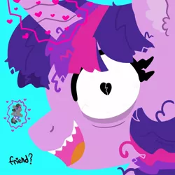 Size: 600x600 | Tagged: safe, artist:pink-pone, derpibooru import, smarty pants, twilight sparkle, pony, unicorn, cyan background, glow, glowing horn, horn, image, insanity, jpeg, messy mane, open mouth, simple background, unicorn twilight