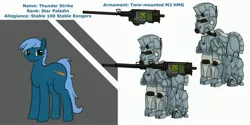 Size: 3787x1897 | Tagged: safe, artist:wyntermoon, derpibooru import, oc, oc:thunder strike, earth pony, pony, fallout equestria, armor, bullet, fallout, female, gun, image, jpeg, machine gun, mare, power armor, reference sheet, simple background, solo, weapon