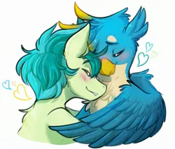 Size: 2871x2443 | Tagged: safe, artist:myskit2, derpibooru import, gallus, sandbar, earth pony, blushing, chest fluff, cuddling, eyes closed, gallbar, gay, heart, hug, image, jpeg, male, shipping, smiling, winghug, wings