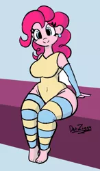 Size: 1791x3072 | Tagged: safe, artist:datzigga, derpibooru import, pinkie pie, human, equestria girls, arm warmers, bottom heavy, breasts, busty pinkie pie, clothes, ear piercing, earring, humanized, image, jewelry, leggings, leotard, piercing, png, solo