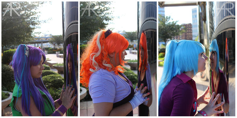 Size: 3461x1732 | Tagged: photographer needed, safe, artist:high-maintenance, derpibooru import, adagio dazzle, aria blaze, sonata dusk, human, bronycon, bronycon 2015, equestria girls, clothes, disguise, disguised siren, fingerless gloves, gloves, image, irl, irl human, irl photo, jpeg, photo, reflection, the dazzlings