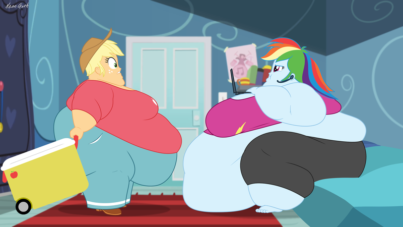 Size: 2560x1440 | Tagged: suggestive, artist:neongothic, derpibooru import, applejack, rainbow dash, equestria girls, amplejack, applefat, bbw, belly, big belly, big breasts, bingo wings, breasts, chubby cheeks, double chin, fat, fat ass, fat boobs, fat fetish, fetish, huge belly, huge breasts, image, impossibly large belly, impossibly large breasts, morbidly obese, obese, png, rainblob dash, rolls of fat, ssbbw, weight gain