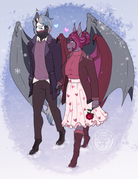 Size: 2463x3191 | Tagged: safe, artist:askbubblelee, derpibooru import, oc, oc:ellis blu, oc:magenta scroll, unofficial characters only, anthro, bat pony, unguligrade anthro, anthro oc, bat pony oc, bat wings, blushing, boots, clothes, coat, commission, couple, digital art, dress, fangs, female, flower, hair bun, happy, hearts and hooves day, holding hands, holiday, husband and wife, image, jacket, jewelry, looking at each other, looking at someone, male, married, married couple, oc x oc, pants, png, ring, rose, shipping, shoes, slit pupils, smiling, snow, snowfall, straight, sweater, valentine's day, wedding ring, wings