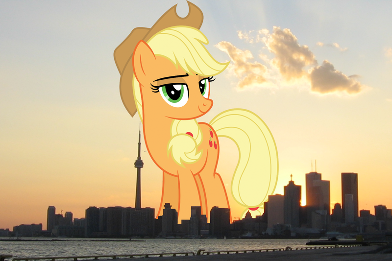 Size: 1800x1200 | Tagged: photographer needed, safe, artist:dashiesparkle, applejack, earth pony, pony, canada, cowboy hat, female, giant pony, giant/macro earth pony, giantess, hat, highrise ponies, image, irl, irl photo, macro, mare, mega applejack, mega giant, photo, png, ponies in real life, stetson, toronto