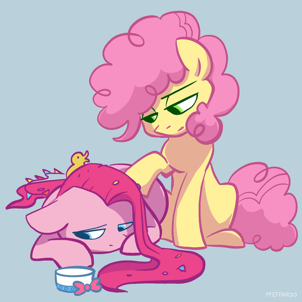 Size: 2048x2048 | Tagged: safe, artist:pfeffaroo, derpibooru import, li'l cheese, pinkie pie, earth pony, pony, the last problem, duo, image, implied death, pinkamena diane pie, png, sad, simple background