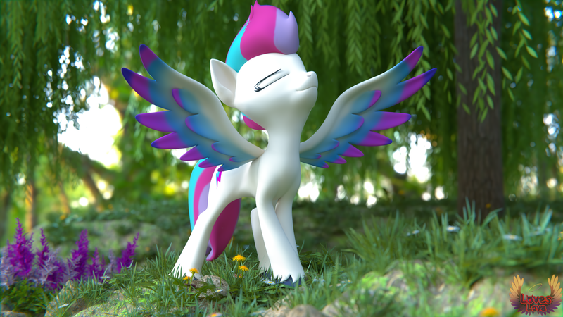 Size: 7680x4320 | Tagged: safe, artist:loveslove, derpibooru import, zipp storm, pegasus, pony, 3d, absurd file size, absurd resolution, blurry background, colored wings, dandelion, eyes closed, female, flower, forest, g5, gradient wings, grass, image, png, solo, source filmmaker, spread wings, tree, wings