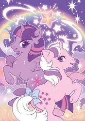 Size: 629x900 | Tagged: safe, artist:celesse, derpibooru import, idw, twilight (g1), twilight sparkle, twilight sparkle (alicorn), alicorn, pony, unicorn, my little pony: generations, bow, comic, comic cover, crossover, duo, duo female, female, g1, g4 to g1, generation leap, image, jpeg, logo, looking at you, mare, open mouth, open smile, rainbow, smiling, smiling at you, stars, tail, tail bow