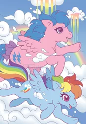 Size: 629x900 | Tagged: safe, artist:celesse, derpibooru import, idw, firefly, rainbow dash, pegasus, pony, my little pony: generations, cloud, cover, duo, female, g1, g4, g4 to g1, generation leap, image, jpeg, mare, rainbow