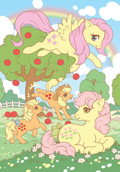 Size: 629x900 | Tagged: safe, artist:celesse, derpibooru import, idw, applejack, applejack (g1), fluttershy, posey, earth pony, pegasus, pony, my little pony: generations, cover, duality, g1, g4 to g1, generation leap, generational ponidox, image, jpeg