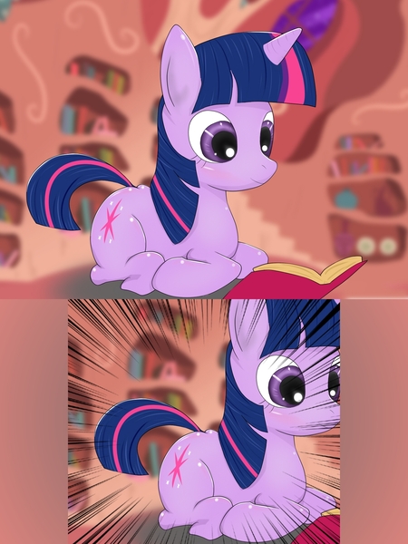 Size: 1500x2000 | Tagged: safe, artist:snk, derpibooru import, twilight sparkle, pony, unicorn, 2 panel comic, book, comic, female, golden oaks library, image, jpeg, library, lying down, mare, prone, reading, smiling, solo, unicorn twilight, zoomed in