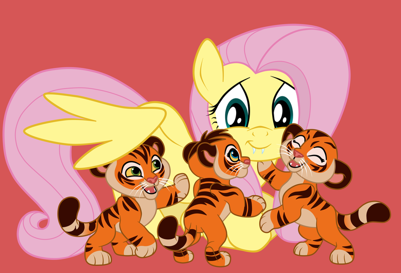 Size: 2885x1969 | Tagged: safe, artist:squipycheetah, derpibooru import, fluttershy, big cat, pegasus, pony, tiger, crossover, crouching, cub, cute, fangs, feliks, image, lunar new year, pasha, png, polina, red background, simple background, the lion guard