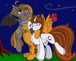 Size: 2685x2160 | Tagged: safe, artist:beigedraws, derpibooru import, oc, oc:sierra summit, oc:umber, oc:winter, bat pony, pegasus, unicorn, coffee, coffee mug, group, group hug, hug, image, mug, png