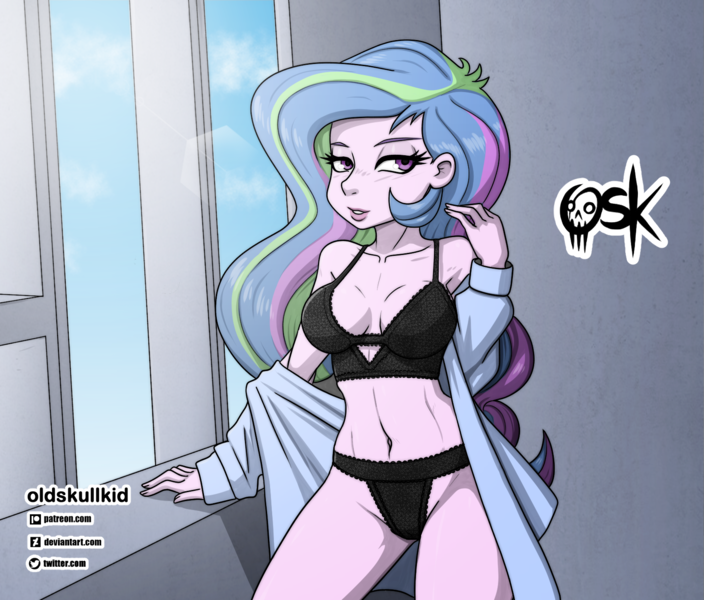 Size: 1650x1407 | Tagged: suggestive, artist:oldskullkid, derpibooru import, princess celestia, equestria girls, belly button, black bra, black panties, black underwear, bra, breasts, busty princess celestia, cleavage, clothes, commission, commissioner:someguy845, cougar, female, image, lingerie, looking at you, open clothes, open shirt, panties, png, principal celestia, sexy, solo, solo female, stupid sexy celestia, underwear, window