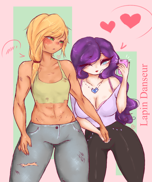 Size: 2024x2429 | Tagged: safe, artist:lapindanseur, derpibooru import, applejack, rarity, equestria girls, abs, breasts, busty rarity, female, heart, high res, image, lesbian, png, rarijack, selfie, shipping