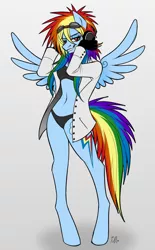 Size: 900x1450 | Tagged: suggestive, artist:mechanakal, derpibooru import, rainbow dash, anthro, unguligrade anthro, fanfic:rainbow factory, belly button, black underwear, bra, clothes, fanfic art, image, lab coat, panties, png, rainbow factory dash, sexy, underwear