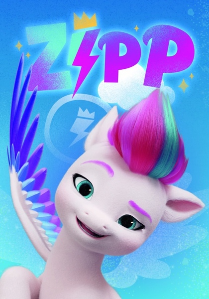 Size: 538x768 | Tagged: safe, derpibooru import, official, zipp storm, pegasus, pony, my little pony: a new generation, 2d, 3d, blue background, cloud, crown, cutie mark, g5, image, jewelry, jpeg, looking at you, name, raised eyebrow, regalia, saturated, signature, simple background, social media, thunderbolt, vkontakte, wings