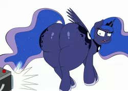 Size: 2920x2080 | Tagged: suggestive, artist:blitzyflair, derpibooru import, princess luna, alicorn, pony, angry, both cutie marks, butt, camera, camera flashes, fat, female, hoof shoes, image, jewelry, jpeg, looking back, looking down, mare, moonbutt, open mouth, peytral, plot, rear view, regalia, shrunken pupils, simple background, solo, solo female, white background, wide hips