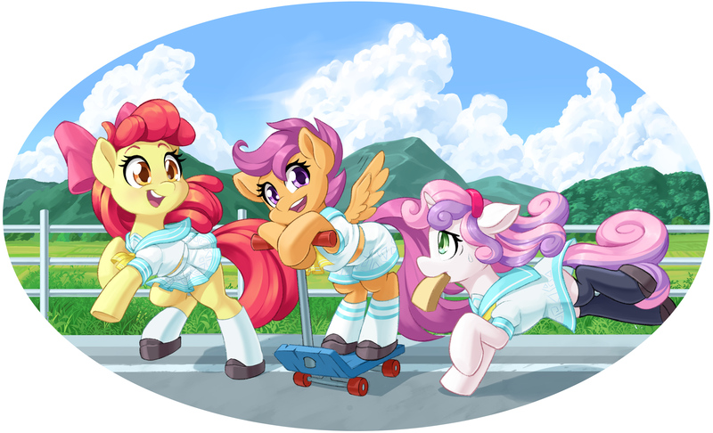 Size: 2634x1600 | Tagged: safe, artist:dstears, derpibooru import, apple bloom, scootaloo, sweetie belle, earth pony, pegasus, pony, unicorn, bread, clothes, cutie mark crusaders, food, image, jpeg, open mouth, running, sailor uniform, schoolgirl toast, socks, stockings, sweat, sweatdrop, thigh highs, toast, uniform, zettai ryouiki