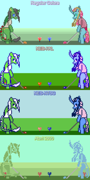 Size: 512x1024 | Tagged: safe, artist:derek the metagamer, derpibooru import, ocellus, oc, changedling, changeling, changeling queen, dragon, aseprite, atari 2600, canon x oc, changeling oc, clothes, dragoning, female, golf, golf club, image, nintendo entertainment system, older, older ocellus, outdoors, pixel art, png, shirt, sports, wings