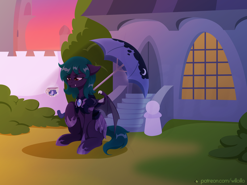 Size: 1600x1200 | Tagged: safe, artist:willoillo, derpibooru import, oc, unofficial characters only, bat pony, pony, armor, canterlot, coffee, commission, female, guard, guardsmare, image, mare, night guard, night guard armor, png, royal guard, tired, umbrella