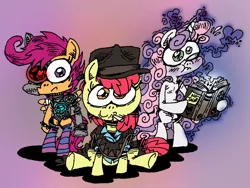 Size: 1676x1261 | Tagged: safe, artist:andreu-t, derpibooru import, apple bloom, scootaloo, sweetie belle, cyborg, earth pony, pegasus, pony, unicorn, bipedal, book, clothes, cutie mark crusaders, female, filly, foal, hat, image, jpeg, magic, poncho, scrunchy face, socks, striped socks, trio