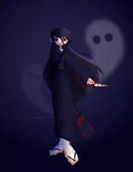 Size: 4277x5500 | Tagged: grimdark, artist:wenraz, derpibooru import, oc, oc:stalker-chan, unofficial characters only, ghost, human, undead, blood, blue background, clothes, female, humanized, humanized oc, image, kimono (clothing), knife, png, red eyes, sandals, simple background, socks, solo