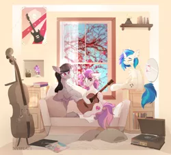 Size: 1920x1746 | Tagged: safe, artist:nyota71, derpibooru import, octavia melody, pinkie pie, sweetie belle, twilight sparkle, twilight sparkle (alicorn), vinyl scratch, alicorn, earth pony, pony, unicorn, ballerina, cello, clothes, female, guitar, image, musical instrument, png, record player, trio, tutu, twilarina