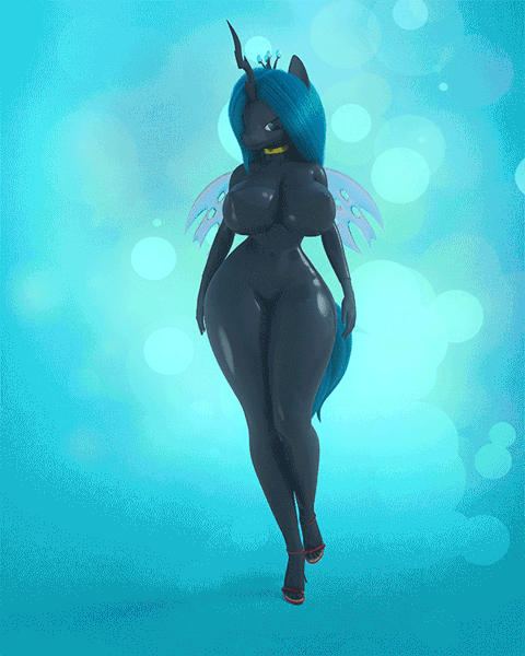 Size: 600x750 | Tagged: questionable, artist:eqamrd, queen chrysalis, anthro, plantigrade anthro, 3d, 3ds max, animated, big breasts, breasts, busty chrysalis, clothes, curvy, disproportional anatomy, erect nipples, extra thicc, female, gif, high heels, horn, hourglass figure, huge breasts, image, jiggle, latex, latex suit, looking at you, nipple outline, sexy, shoes, smiling, smiling at you, solo, solo female, suit, tail, the ass was fat, thick, walking, weapons-grade sexy, wide hips