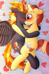 Size: 2000x3000 | Tagged: safe, artist:h3nger, derpibooru import, oc, oc:digidash, oc:sugar pie, pegasus, pony, unicorn, blushing, cuddling, gay, image, male, png