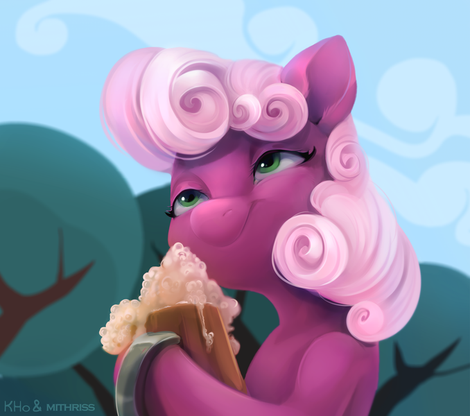 Size: 3337x2955 | Tagged: safe, artist:khvorost162, derpibooru import, cheerilee, earth pony, pony, the super speedy cider squeezy 6000, cider, female, high res, image, mug, png, scene interpretation, smiling, solo, tree