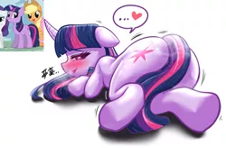 Size: 2615x1712 | Tagged: suggestive, artist:captainmegi, twilight sparkle, pony, unicorn, blushing, blushing profusely, butt, covering, female, image, looking at you, looking back, looking back at you, mare, plot, png, shiny, simple background, solo, strategically covered, tail censor, tail covering, unicorn twilight, white background