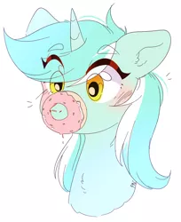 Size: 1280x1568 | Tagged: safe, artist:pledus, derpibooru import, lyra heartstrings, pony, unicorn, blushing, bust, donut, donutsnootle, eye clipping through hair, female, food, image, mare, png, silly, silly pony, simple background, solo, white background