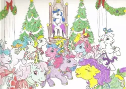 Size: 1167x827 | Tagged: safe, artist:foxspotted, derpibooru import, majesty, princess misty, princess primrose, princess pristina, princess royal blue, princess serena, princess sparkle, princess starburst, princess sunbeam, princess tiffany, earth pony, pegasus, unicorn, christmas, christmas tree, dancing, female, g1, holiday, image, jpeg, tree, twelve days of christmas