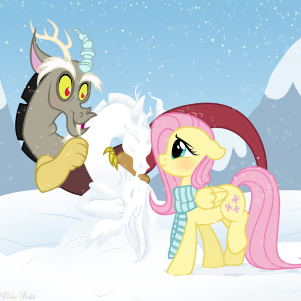 Size: 1500x1500 | Tagged: safe, artist:nika-rain, derpibooru import, discord, fluttershy, pegasus, pony, cute, discoshy, female, image, male, png, shipping, show accurate, snow, straight