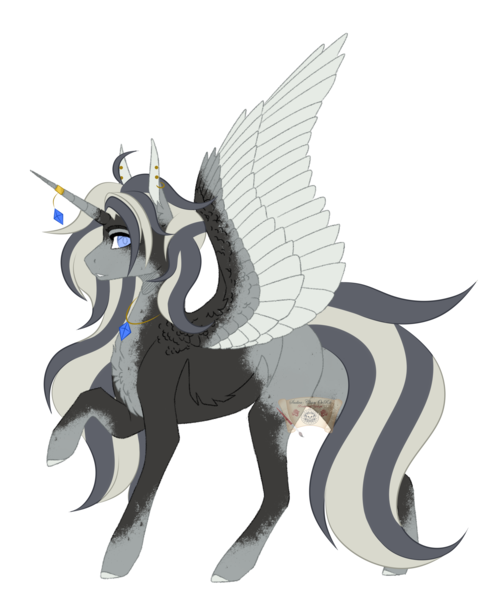 Size: 2940x3603 | Tagged: safe, artist:sadicachanovrd, artist:xochicoatlyoliztli, derpibooru import, oc, unofficial characters only, alicorn, pony, alicorn oc, coat markings, commission, digital art, ear piercing, horn, image, jewelry, male, piercing, png, simple background, solo, spread wings, stallion, transparent background, wings