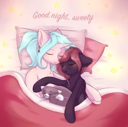 Size: 2318x2295 | Tagged: safe, artist:pledus, derpibooru import, oc, unofficial characters only, bat pony, cat, pony, unicorn, bat pony oc, bat wings, bed, blanket, commission, duo, duo female, ear fluff, eyes closed, fangs, female, floppy ears, good night, high res, hooves, horn, image, oc x oc, on bed, png, shipping, stars, unicorn oc, wings, ych result