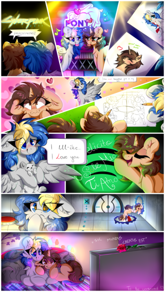 Size: 2740x4836 | Tagged: safe, artist:woonborg, derpibooru import, oc, oc:bluecode, oc:woon, cat, pegasus, pony, unicorn, couch, cyberpunk, grass, heart, holiday, image, pillow, png, ponyfest, ponyfest online, portal, portal (valve), valentine's day