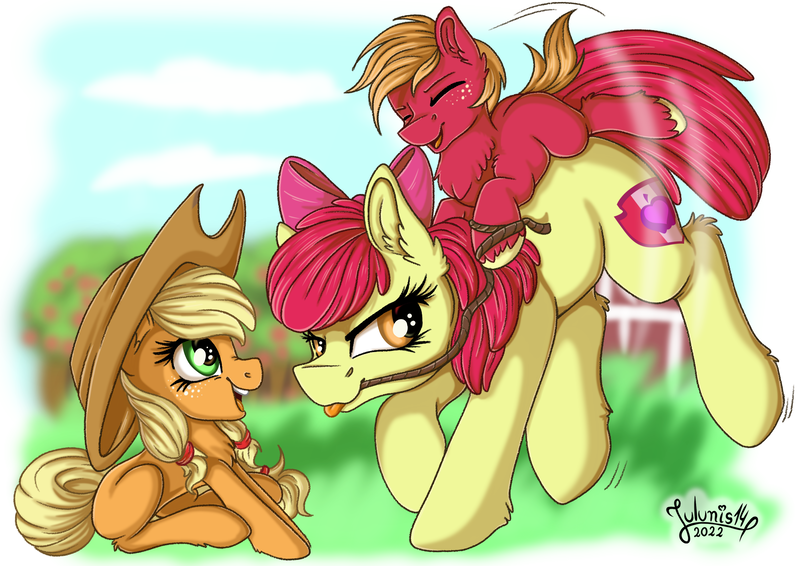 Size: 4093x2894 | Tagged: safe, artist:julunis14, derpibooru import, apple bloom, applejack, big macintosh, granny smith, earth pony, pony, age swap, apple family, blank flank, bow, digital, hat, image, older, older apple bloom, oversized hat, piggyback ride, png, ponytails, ride, role reversal, rope, signature, younger