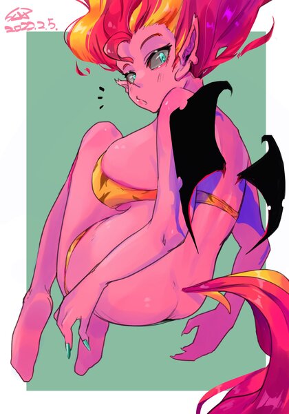 Size: 1400x2000 | Tagged: suggestive, artist:sozglitch, derpibooru import, sunset shimmer, demon, equestria girls, ass, barefoot, big breasts, bikini, breasts, busty sunset satan, butt, clothes, feet, female, huge breasts, image, jpeg, looking back, sideboob, soles, solo, solo female, sunset satan, swimsuit, tail, wings