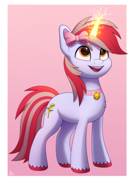 Size: 1480x2000 | Tagged: safe, artist:luminousdazzle, derpibooru import, oc, oc:cinnamon lightning, unofficial characters only, pony, unicorn, bell, bell collar, bow, collar, commission, cutie mark, excited, hair bow, horn, image, lightning, looking up, magic, male, png, simple background, smiling, solo, stallion, unicorn oc, unshorn fetlocks