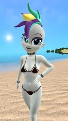 Size: 900x1600 | Tagged: suggestive, artist:oatmeal!, derpibooru import, rarity, human, equestria girls, it isn't the mane thing about you, 3d, accessories, alternate hairstyle, beach, bikini, black lipstick, breasts, choker, clothes, gmod, hand on hip, image, island, lipstick, mohawk, ocean, png, punk, raripunk, sexy, solo, spiked choker, swimsuit, water