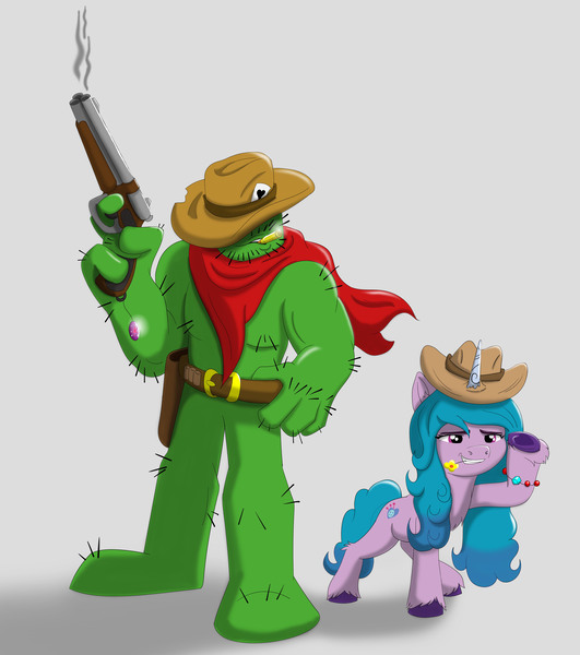 Size: 4971x5615 | Tagged: safe, artist:cactuscowboydan, derpibooru import, daisy, flower wishes, izzy moonbow, oc, pony, unicorn, bullet, bullet belt, cactus, cowboy, cowboy hat, cutie mark, g5, gun, handgun, hat, image, jpeg, new generation, pose, revolver, weapon