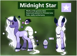 Size: 2584x1879 | Tagged: safe, artist:cornelia_nelson, derpibooru import, edit, oc, oc:midnightstar, unofficial characters only, pony, unicorn, cute, cutie mark, horn, image, intersex, long hair, long mane, long tail, png, reference sheet, tail, unicorn oc
