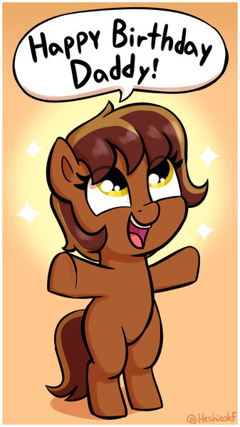 Size: 1032x1839 | Tagged: safe, artist:heretichesh, derpibooru import, oc, oc:garnet gold, earth pony, pony, bipedal, colored, cute, dialogue box, female, filly, foal, happy, happy birthday, image, looking up, ocbetes, open mouth, open smile, png, simple background, smiling, standing on two hooves