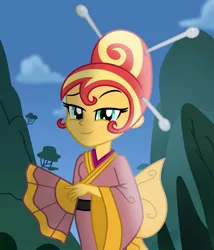 Size: 1024x1194 | Tagged: safe, artist:emeraldblast63, derpibooru import, sunset shimmer, equestria girls, alternate hairstyle, clothes, fan, hair bun, image, jpeg, kimono (clothing), scenery, smiling, smirk, updo