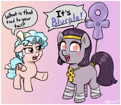 Size: 1934x1682 | Tagged: safe, artist:heretichesh, derpibooru import, cozy glow, oc, oc:mummydew, earth pony, pegasus, pony, ankh, balloon, dialogue, duo, female, filly, foal, gradient background, image, jpeg, speech bubble, talking to viewer