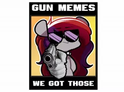 Size: 1182x876 | Tagged: safe, artist:sourspot, derpibooru import, oc, oc:evening prose, unofficial characters only, pegasus, pony, caption, female, freckles, gun, image, jewelry, jpeg, looking at you, m1911, mare, meme, necklace, pearl necklace, solo, sunglasses, text, weapon