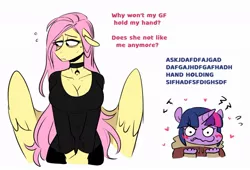 Size: 1008x685 | Tagged: safe, artist:redxbacon, derpibooru import, fluttershy, twilight sparkle, anthro, pegasus, unicorn, blushing, breasts, cleavage, female, floating heart, heart, height difference, image, jpeg, lesbian, shipping, simple background, twishy, white background