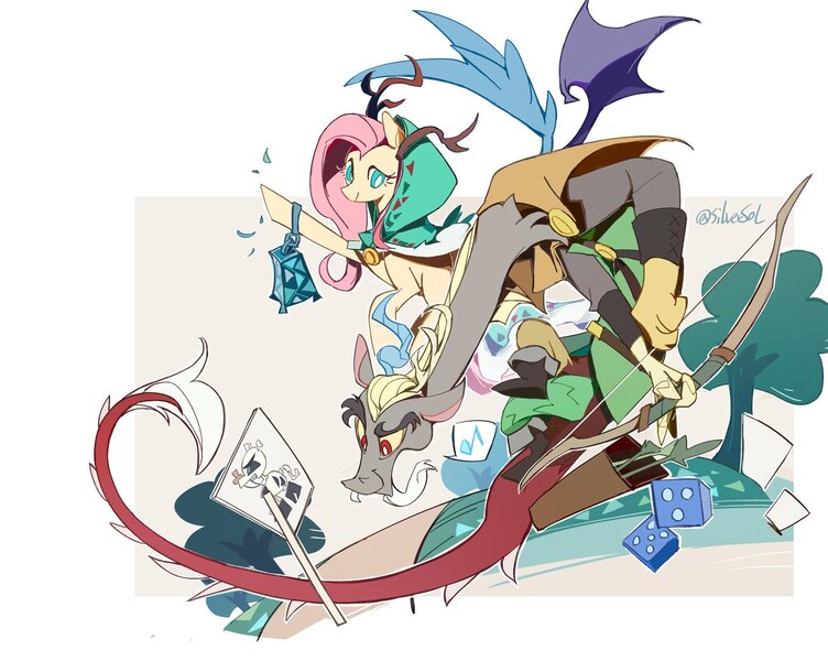 Size: 2048x1634 | Tagged: safe, artist:silversol, derpibooru import, discord, fluttershy, draconequus, pegasus, pony, antlers, arrow, bow (weapon), bow and arrow, captain wuzz, clothes, costume, dice, duo, image, jpeg, tree, weapon